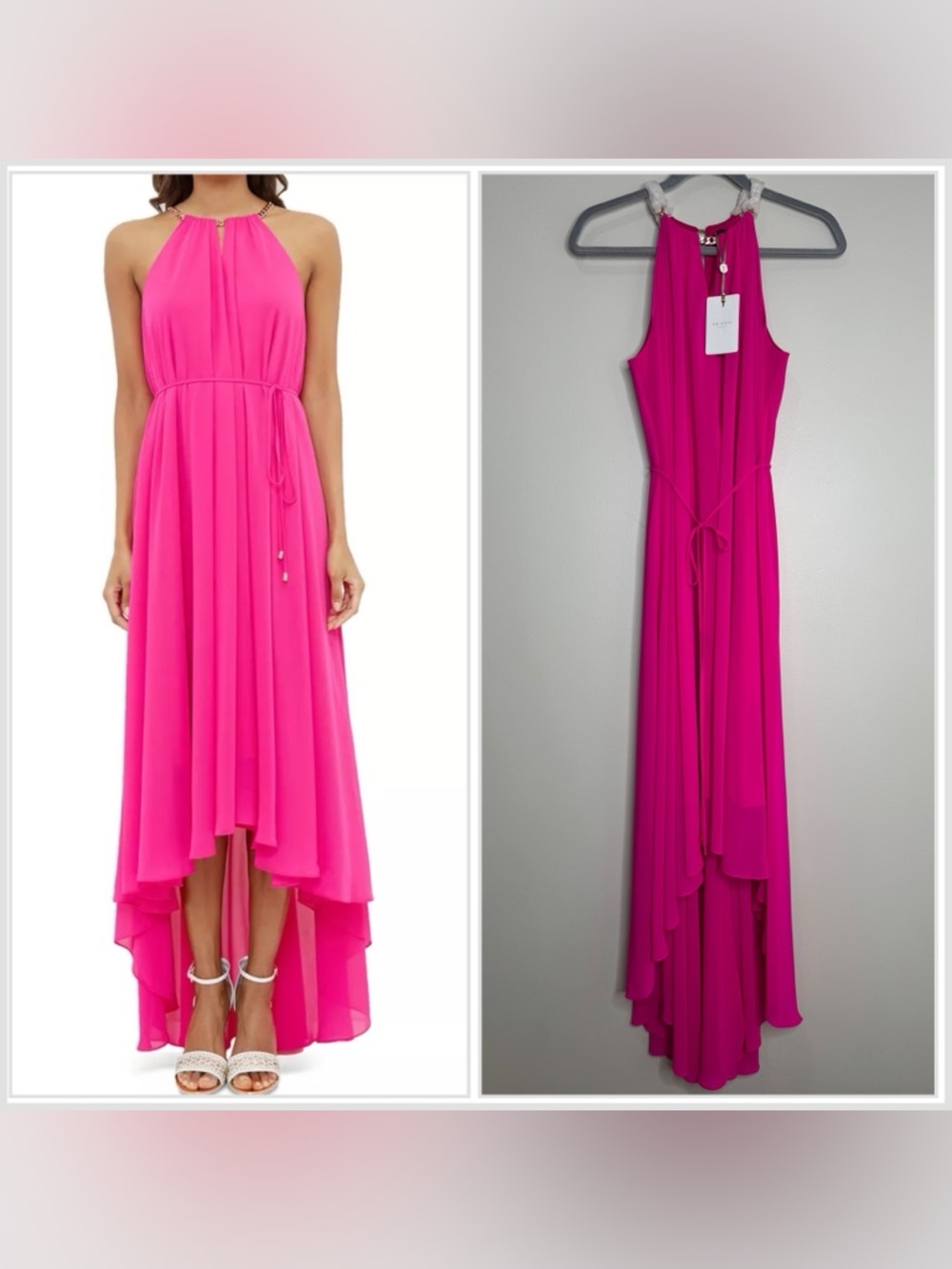 NWT Ted Baker Fuchsia Pleated Drop Hem High Neck Chain Maxi Dress Goddess Size 2